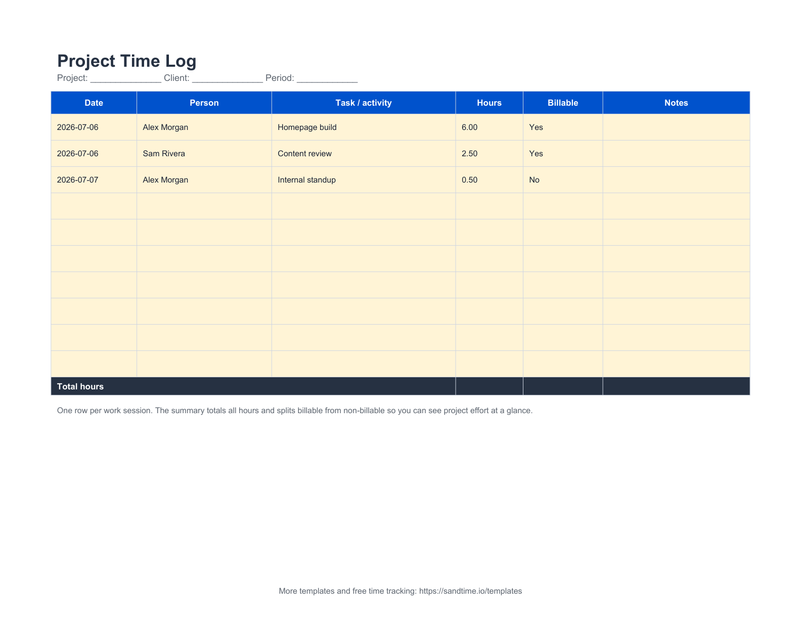 Free project time log template preview