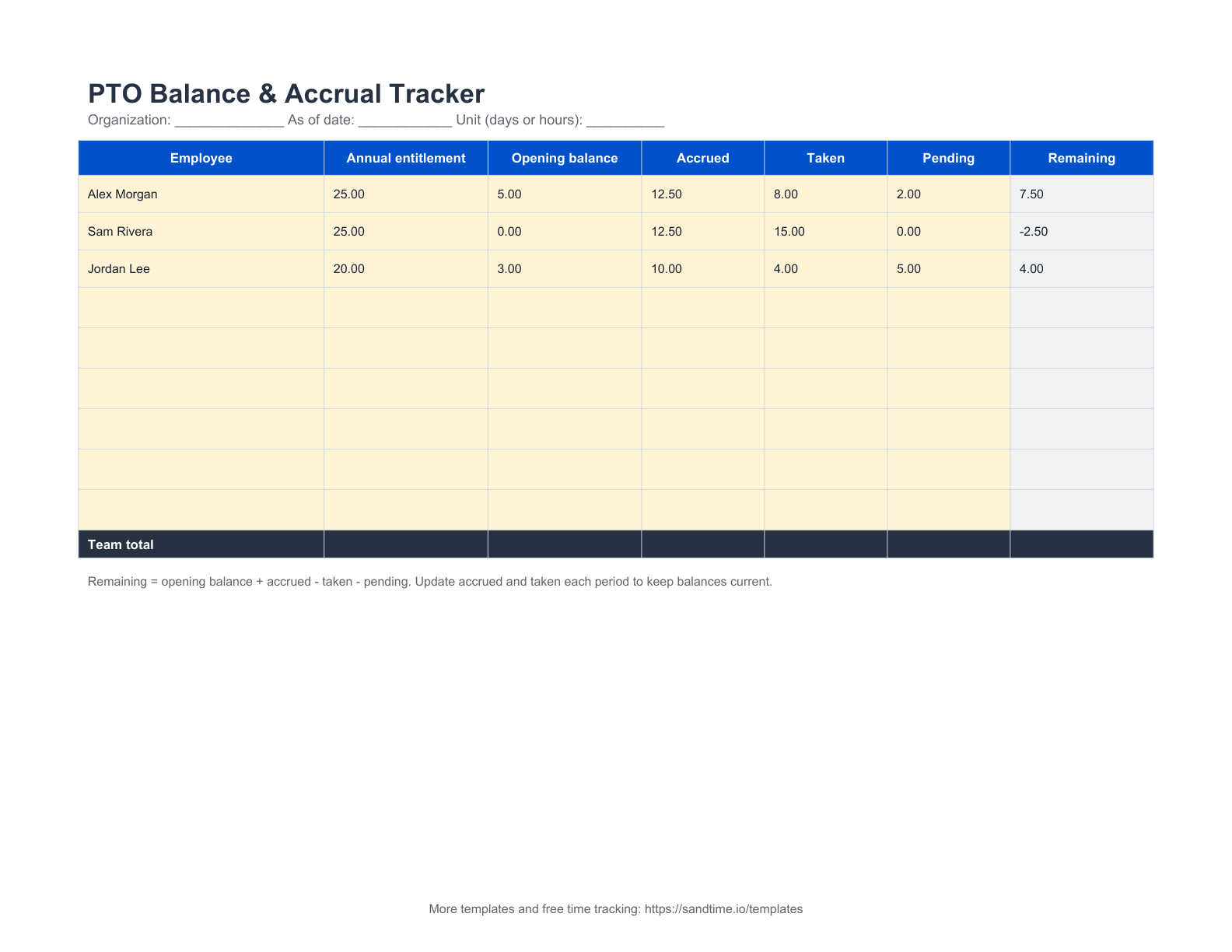 Free PTO balance and accrual tracker preview