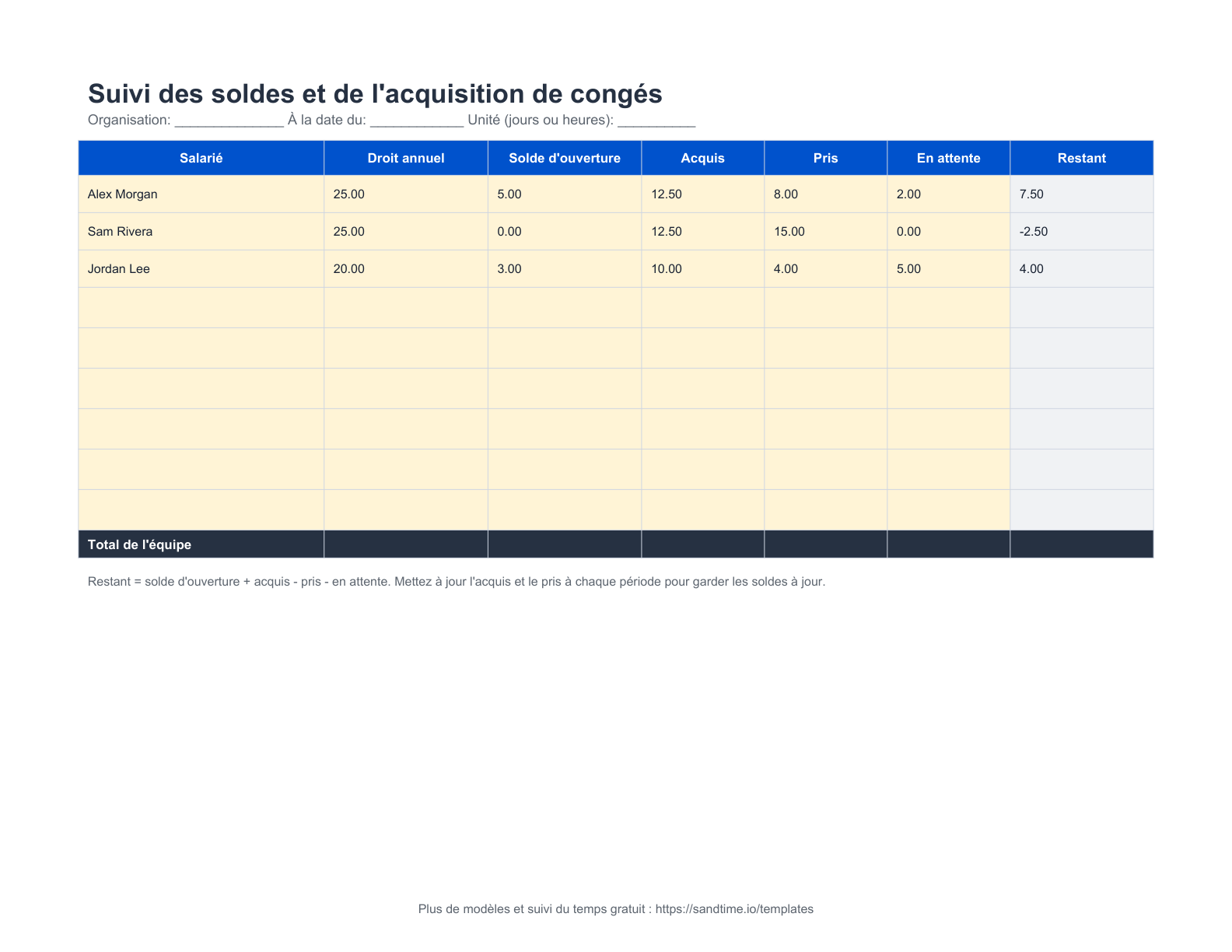 Suivi gratuit des soldes et de l'acquisition de congés - aperçu