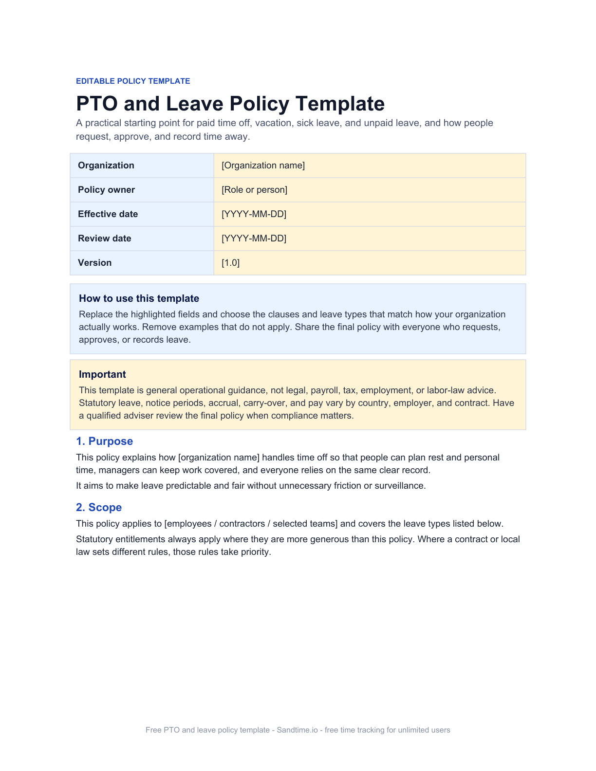 Free PTO and leave policy template preview