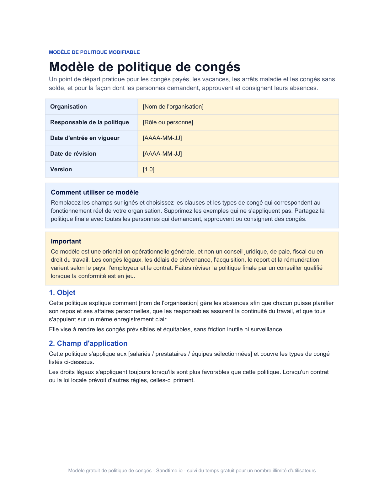 Modèle gratuit de politique de congés - aperçu