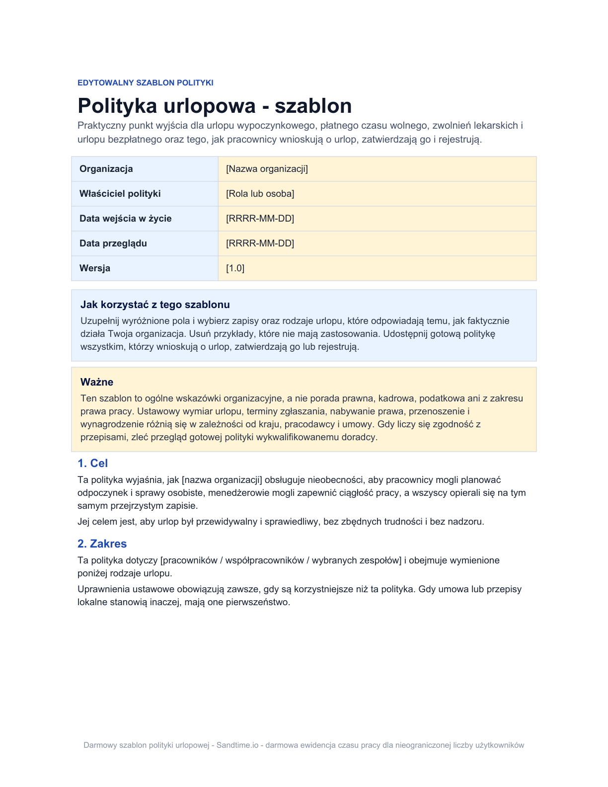 Darmowy szablon polityki urlopowej - podgląd