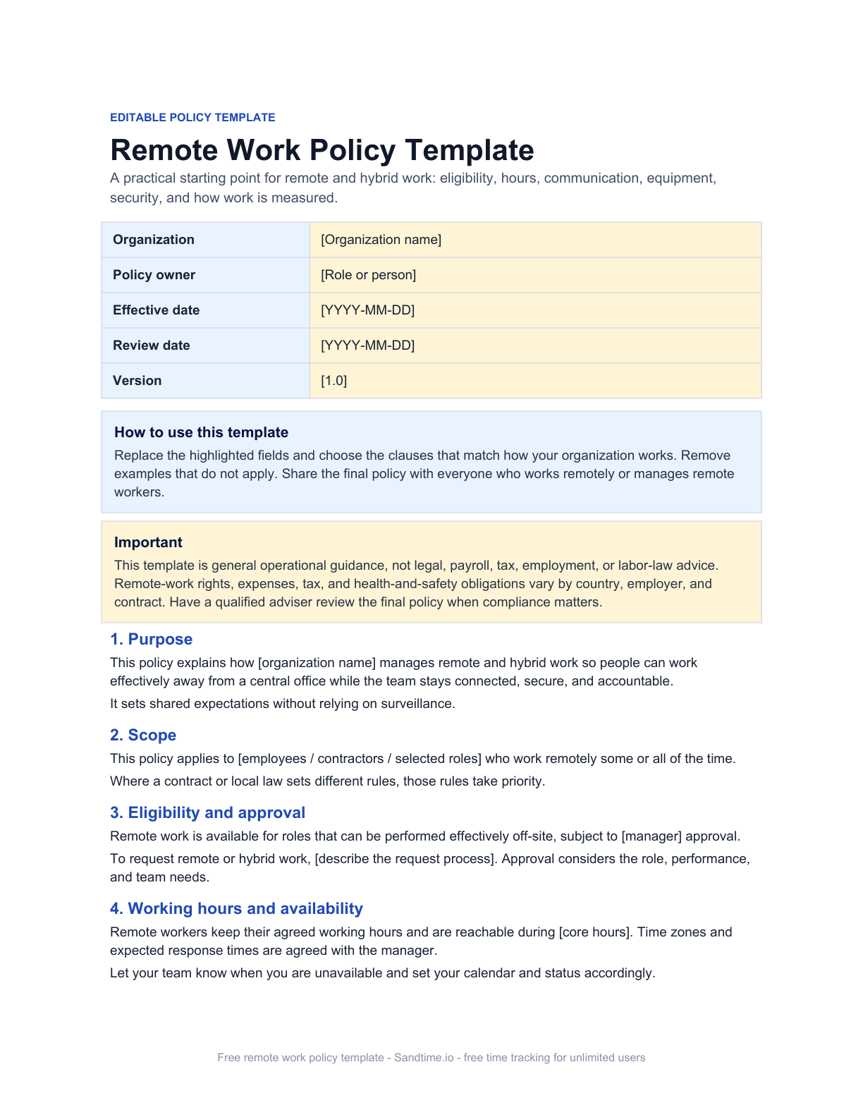 Free remote work policy template preview