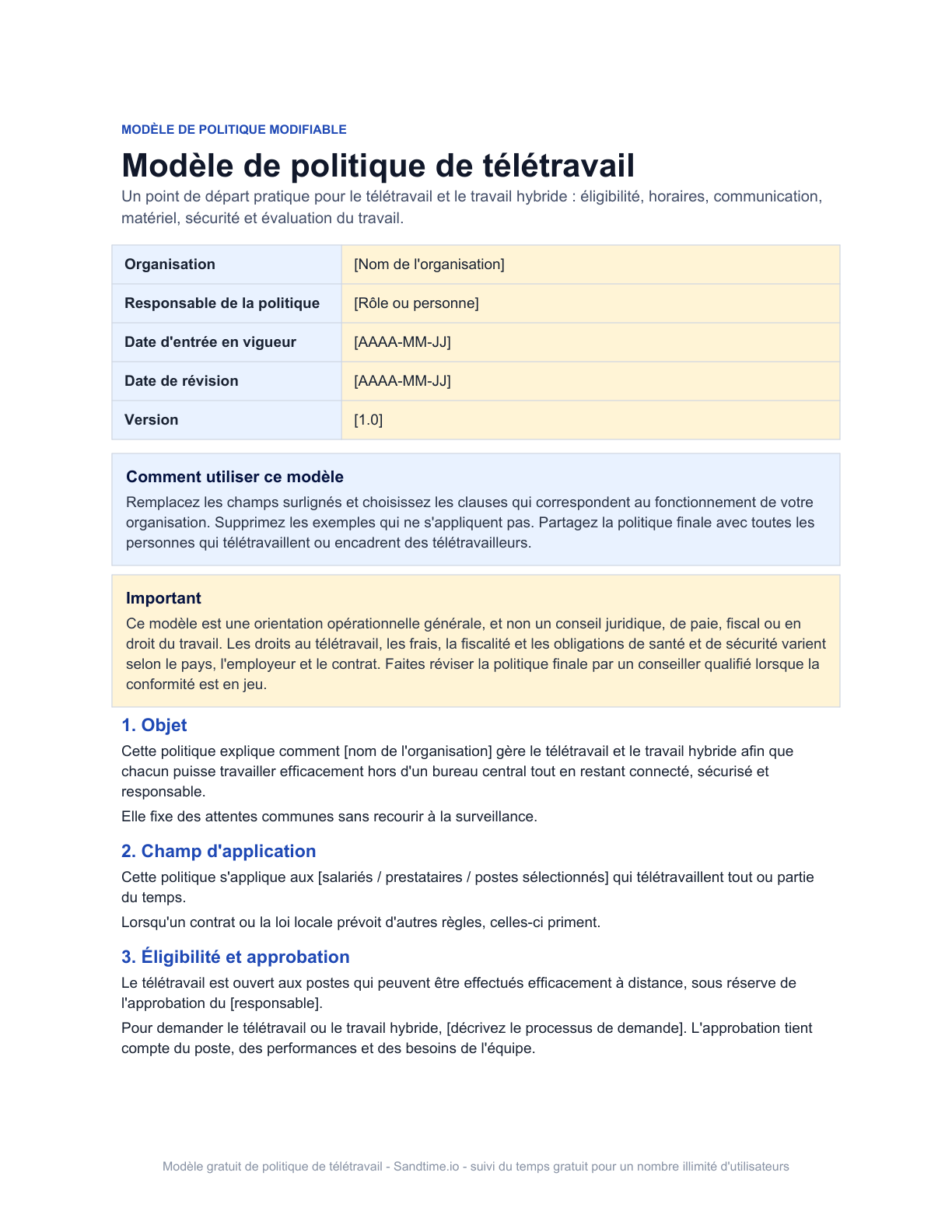 Modèle gratuit de politique de télétravail - aperçu
