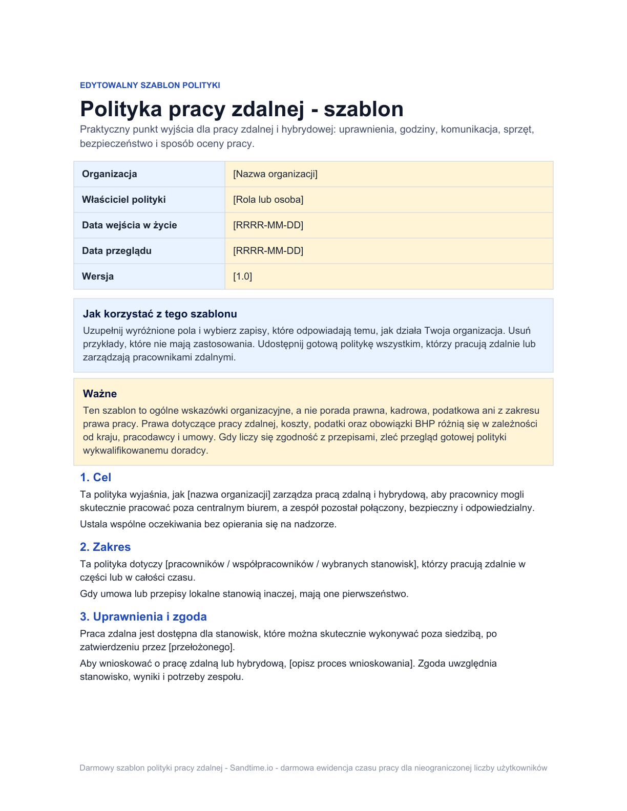 Darmowy szablon polityki pracy zdalnej - podgląd