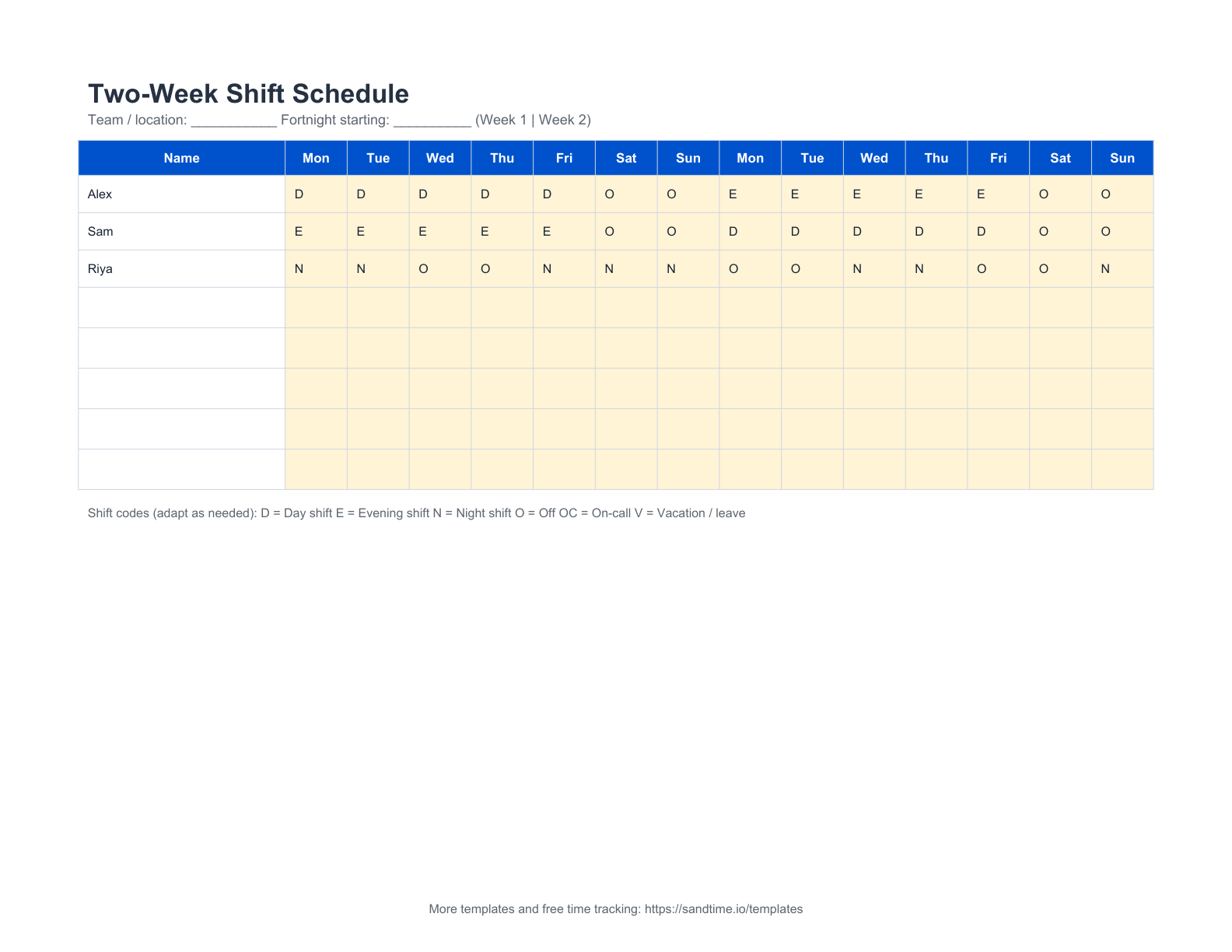 Free two-week shift schedule template preview