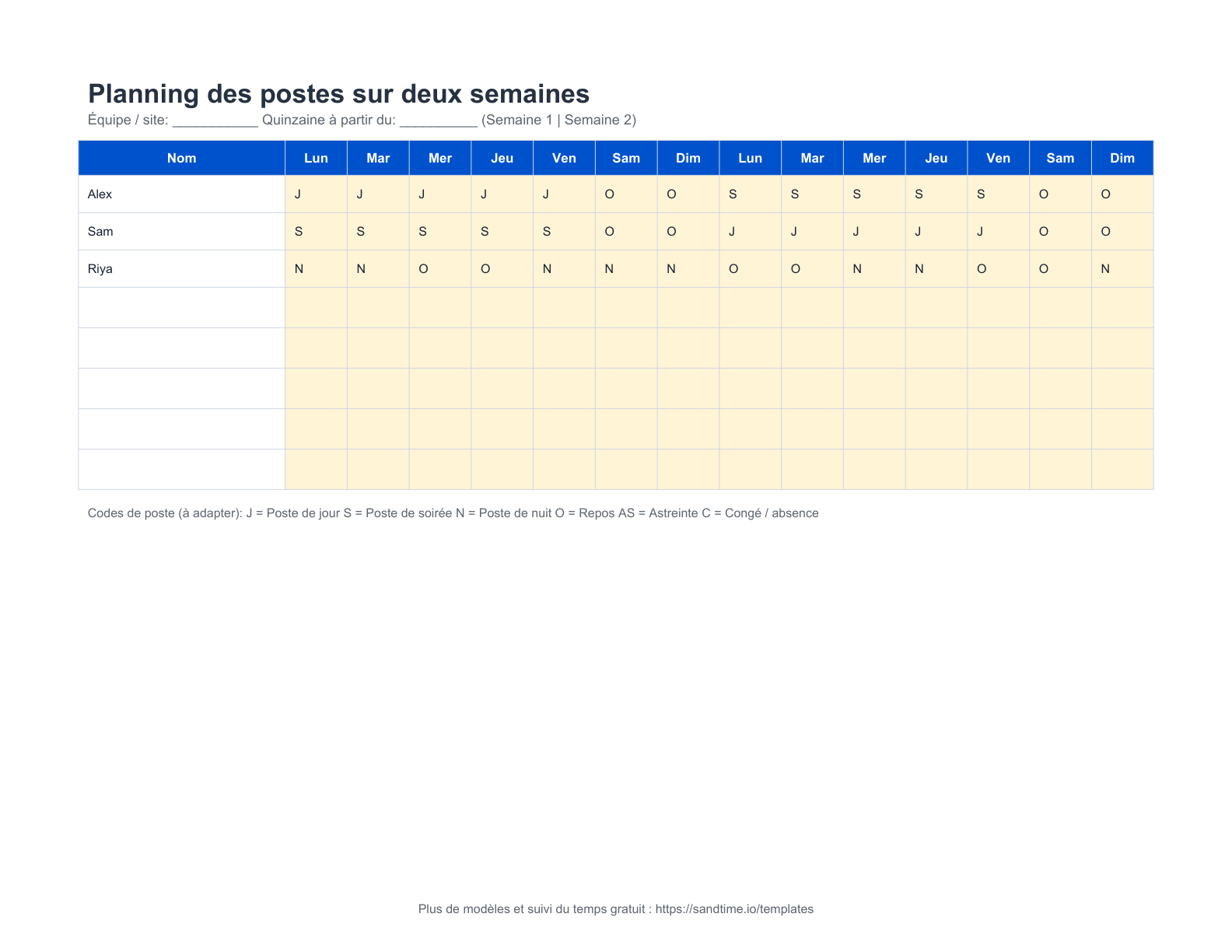 Modèle gratuit de planning des postes sur deux semaines - aperçu