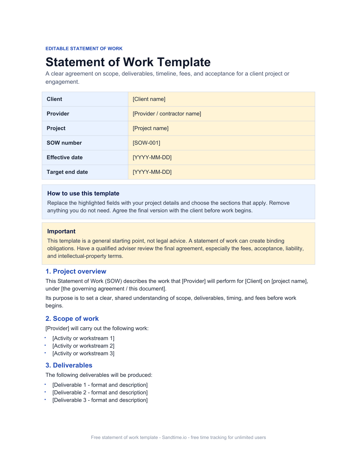 Free statement of work template preview