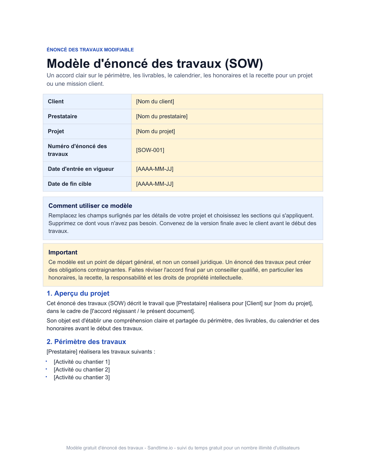 Modèle d'énoncé des travaux gratuit - aperçu