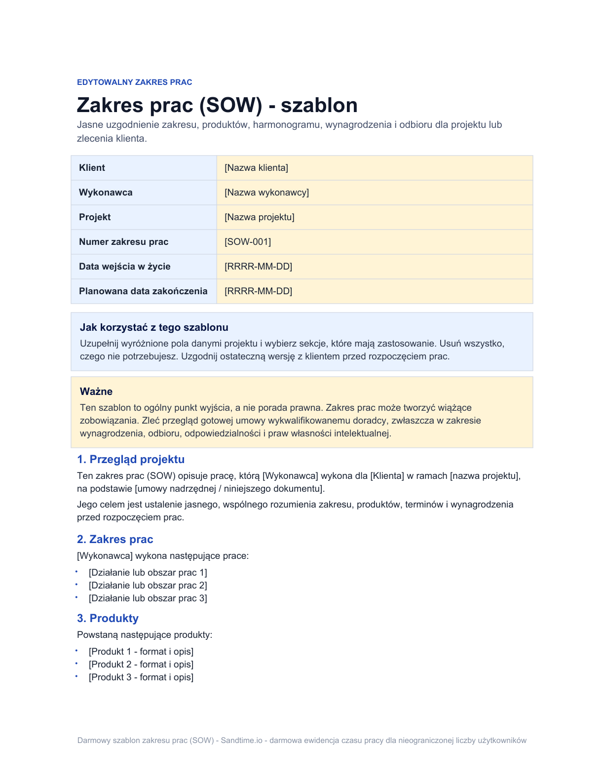 Darmowy szablon zakresu prac (SOW) - podgląd