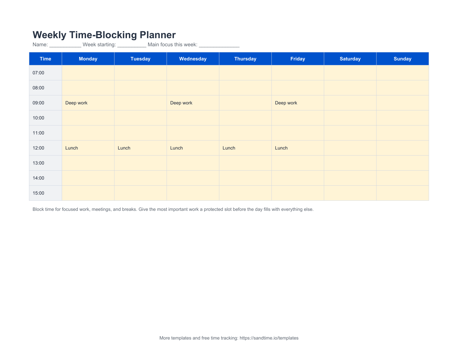 Free weekly time-blocking planner preview