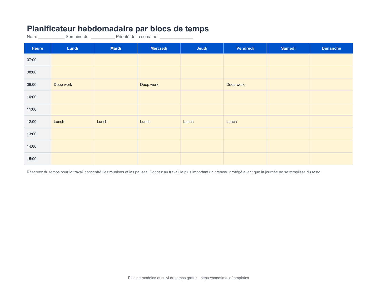 Planificateur hebdomadaire par blocs de temps gratuit - aperçu