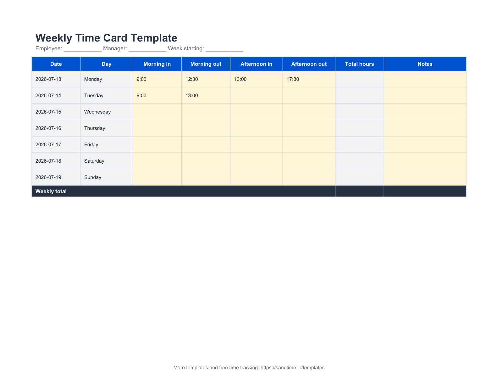 Free weekly time card template preview