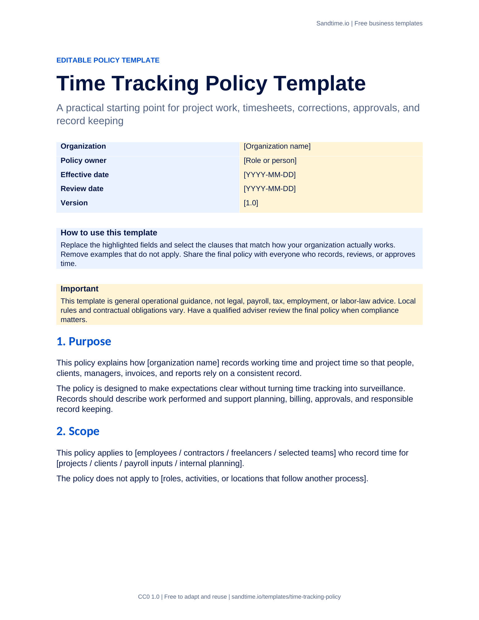 Free time tracking policy template preview