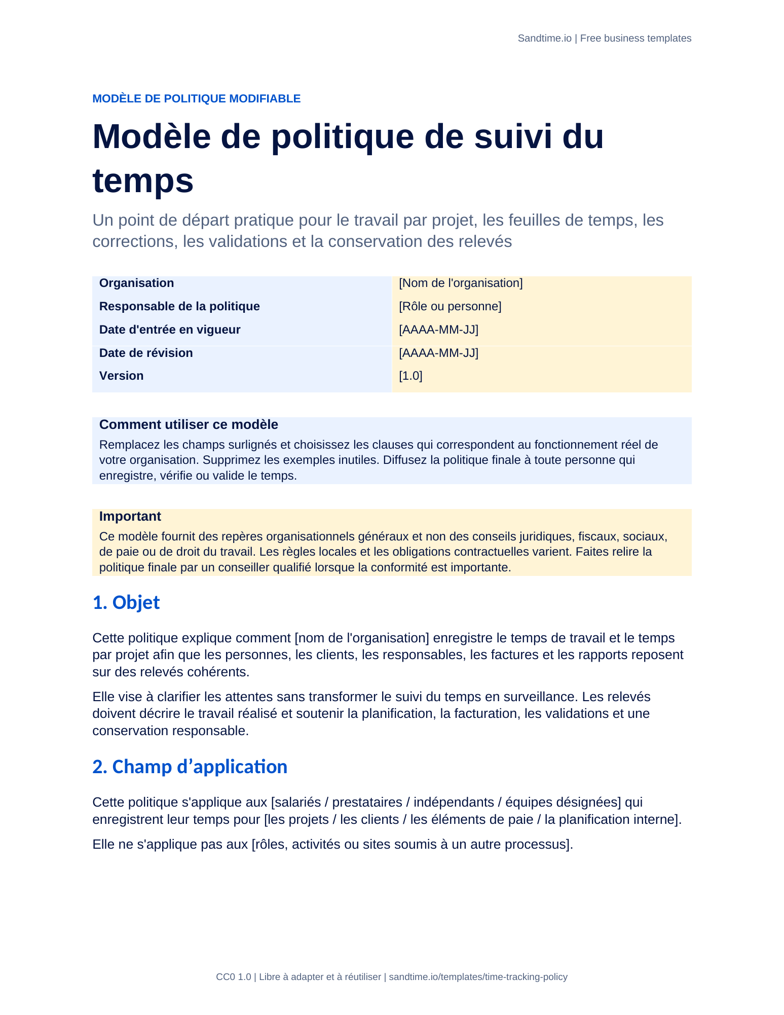 Modèle gratuit de politique de suivi du temps - aperçu