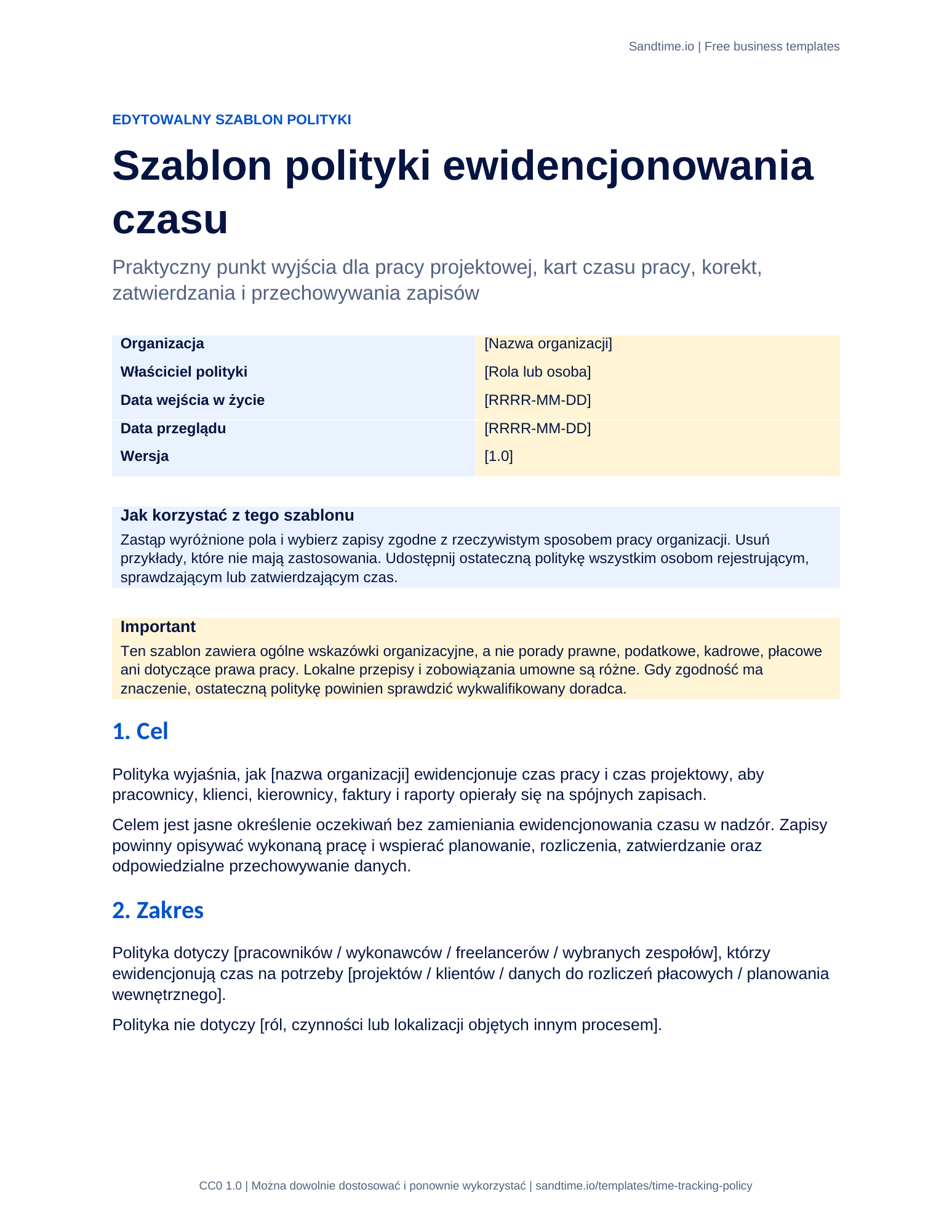 Darmowy szablon polityki ewidencjonowania czasu - podgląd