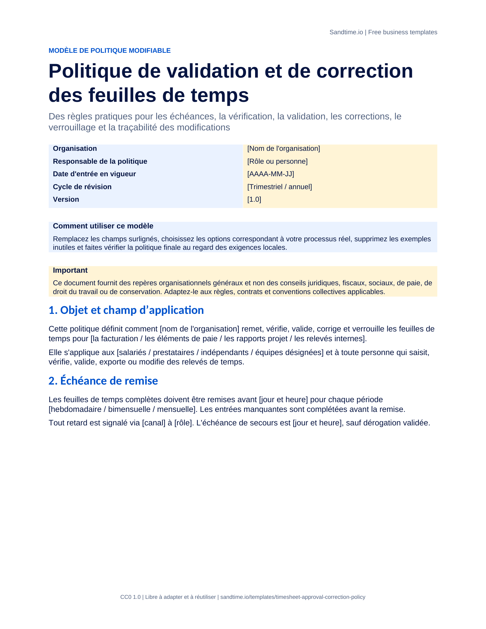 Politique gratuite d'approbation et de correction des feuilles de temps - aperçu