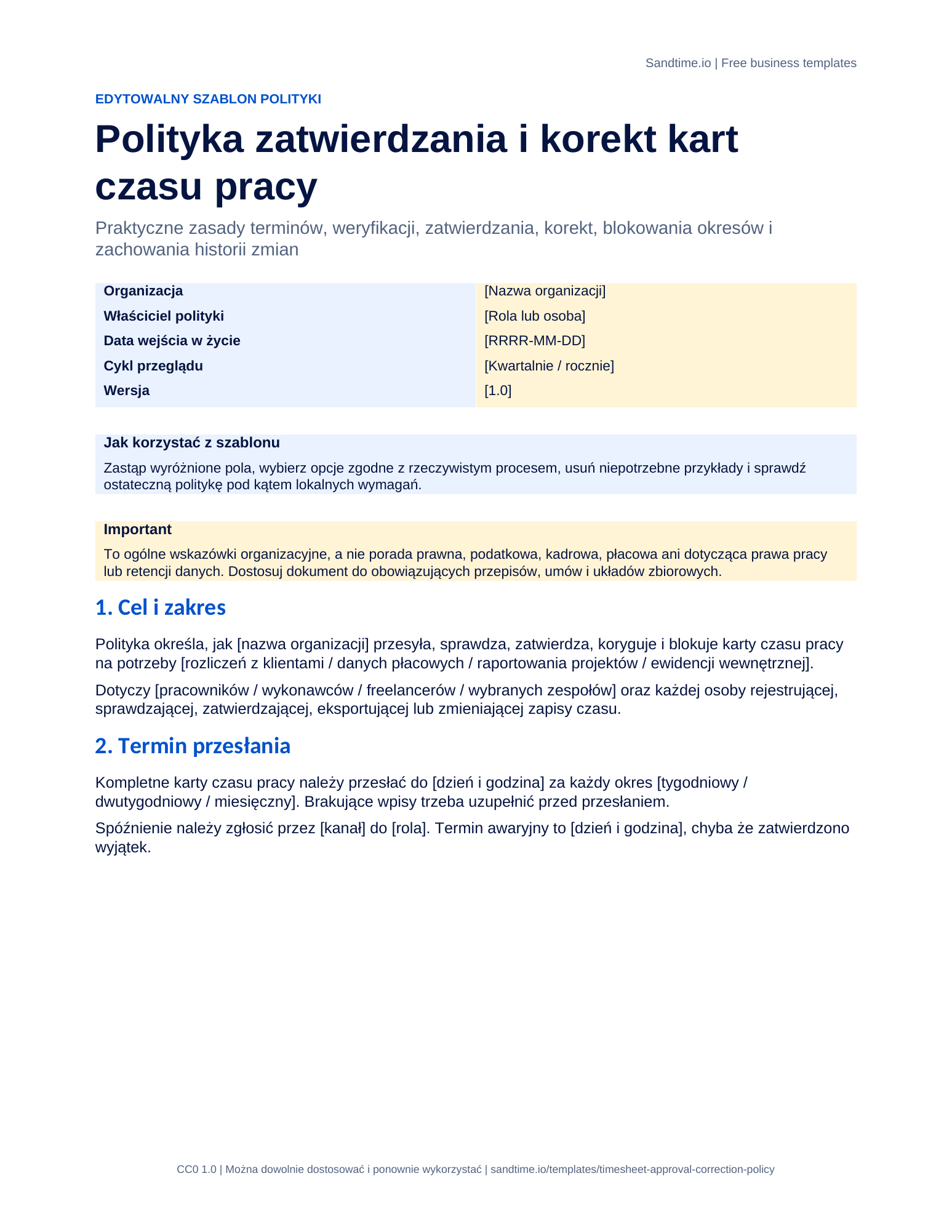 Bezpłatna polityka zatwierdzania i korygowania kart czasu pracy - podgląd