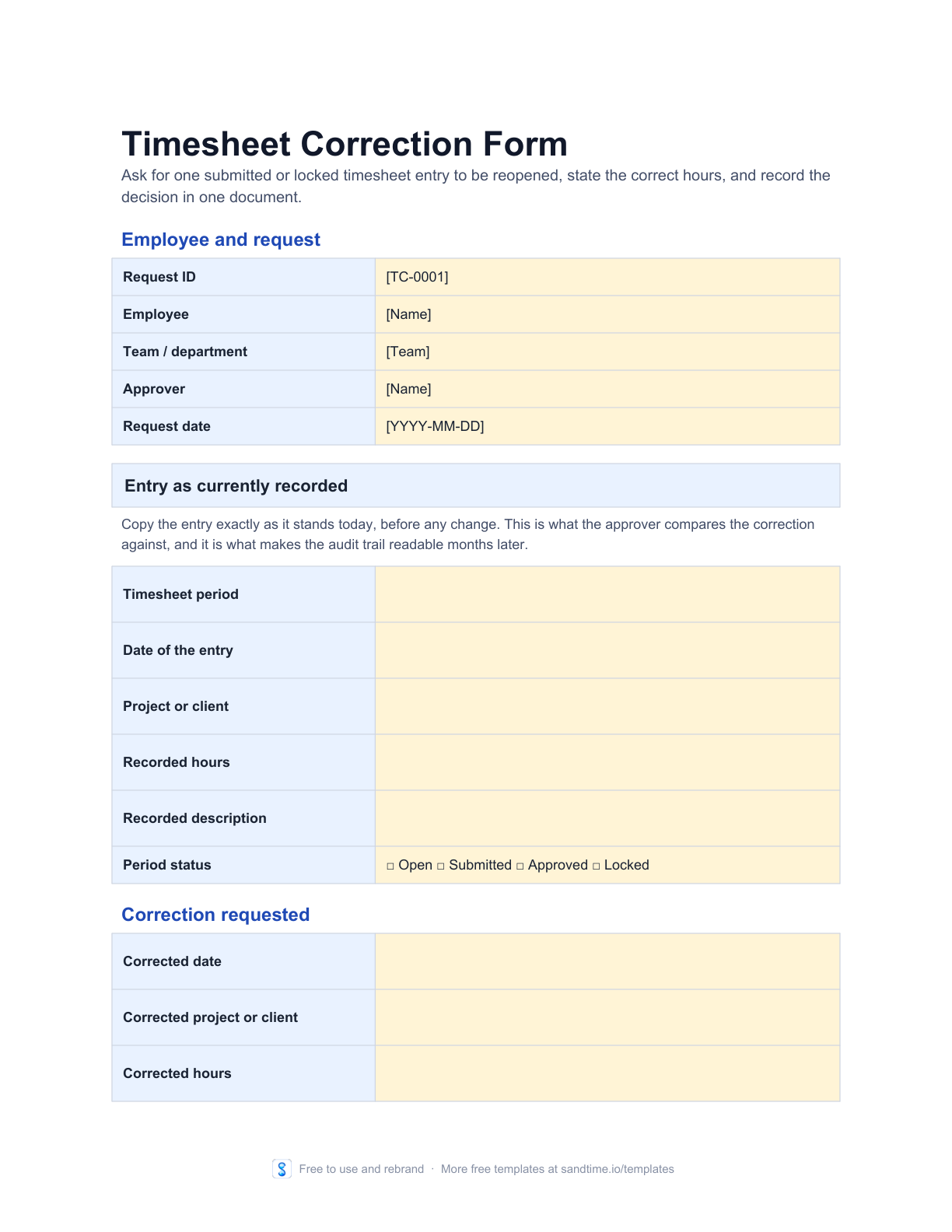 Free timesheet correction form preview