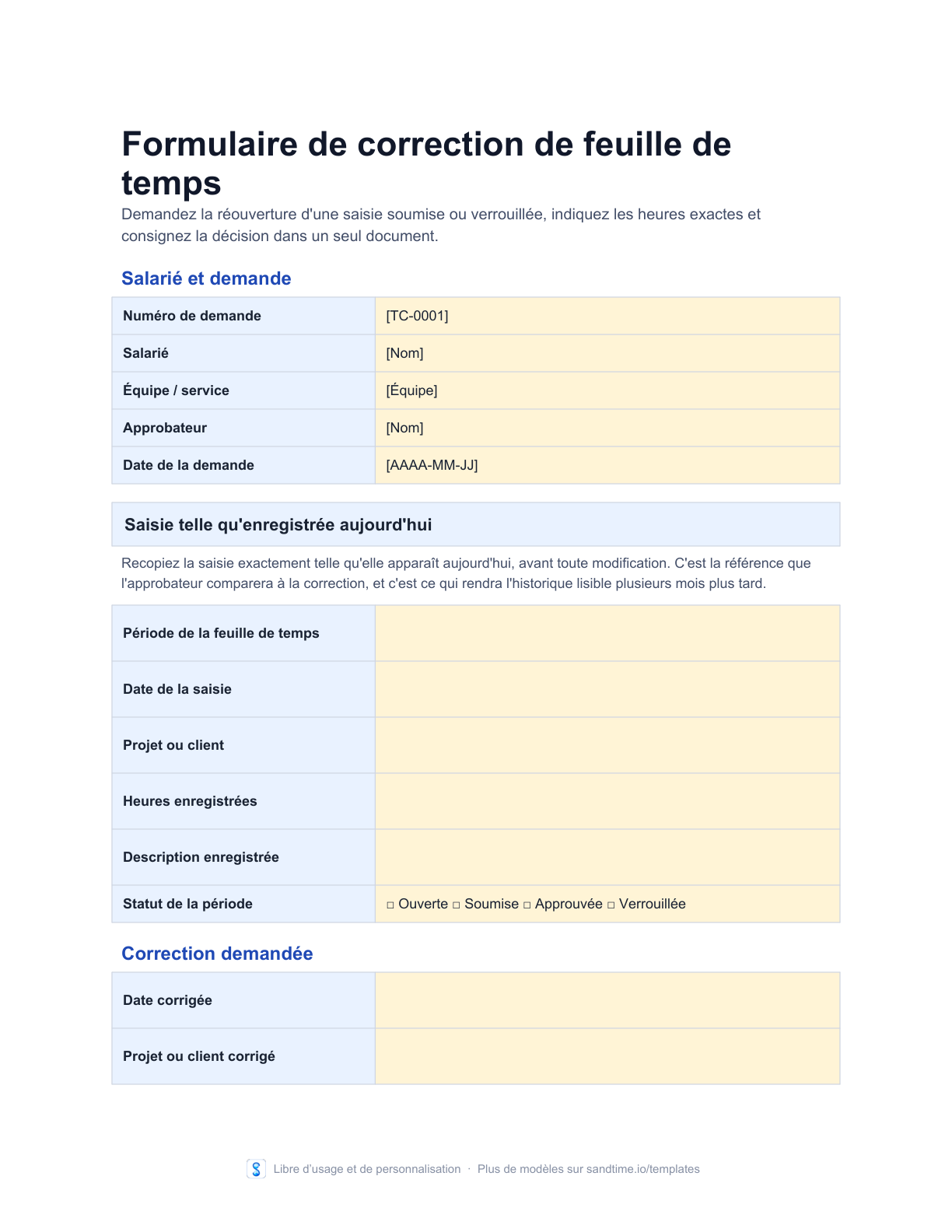 Formulaire gratuit de correction de feuille de temps - aperçu