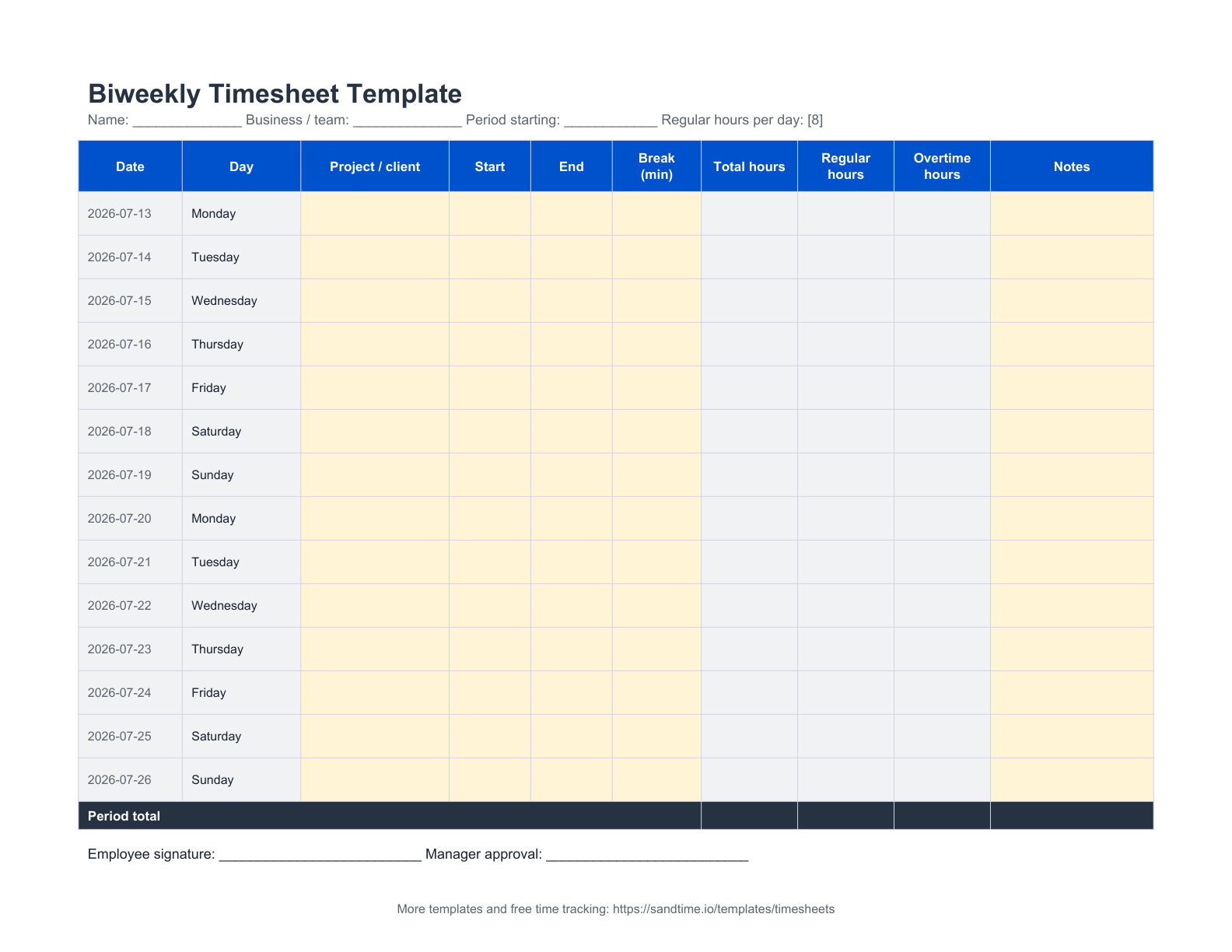 Biweekly timesheet template preview