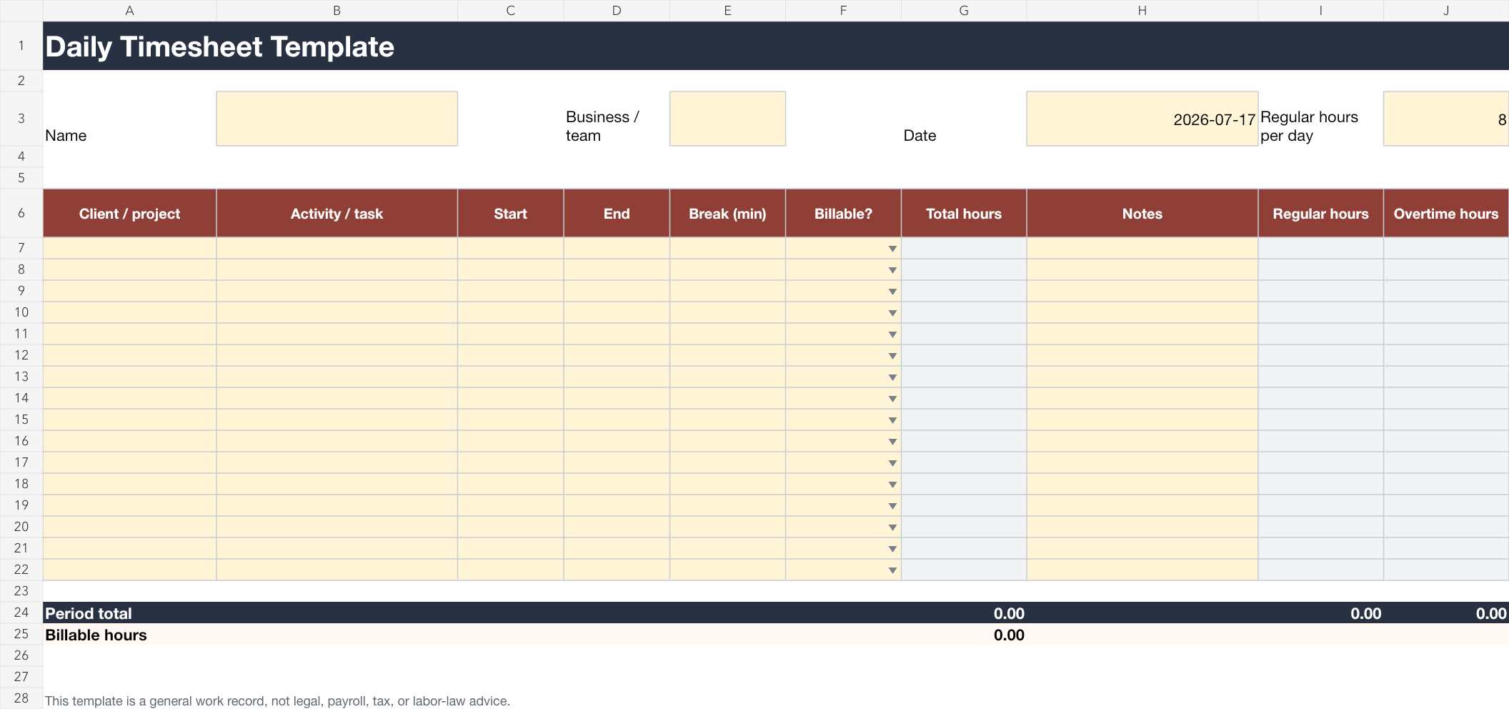 Daily timesheet template preview