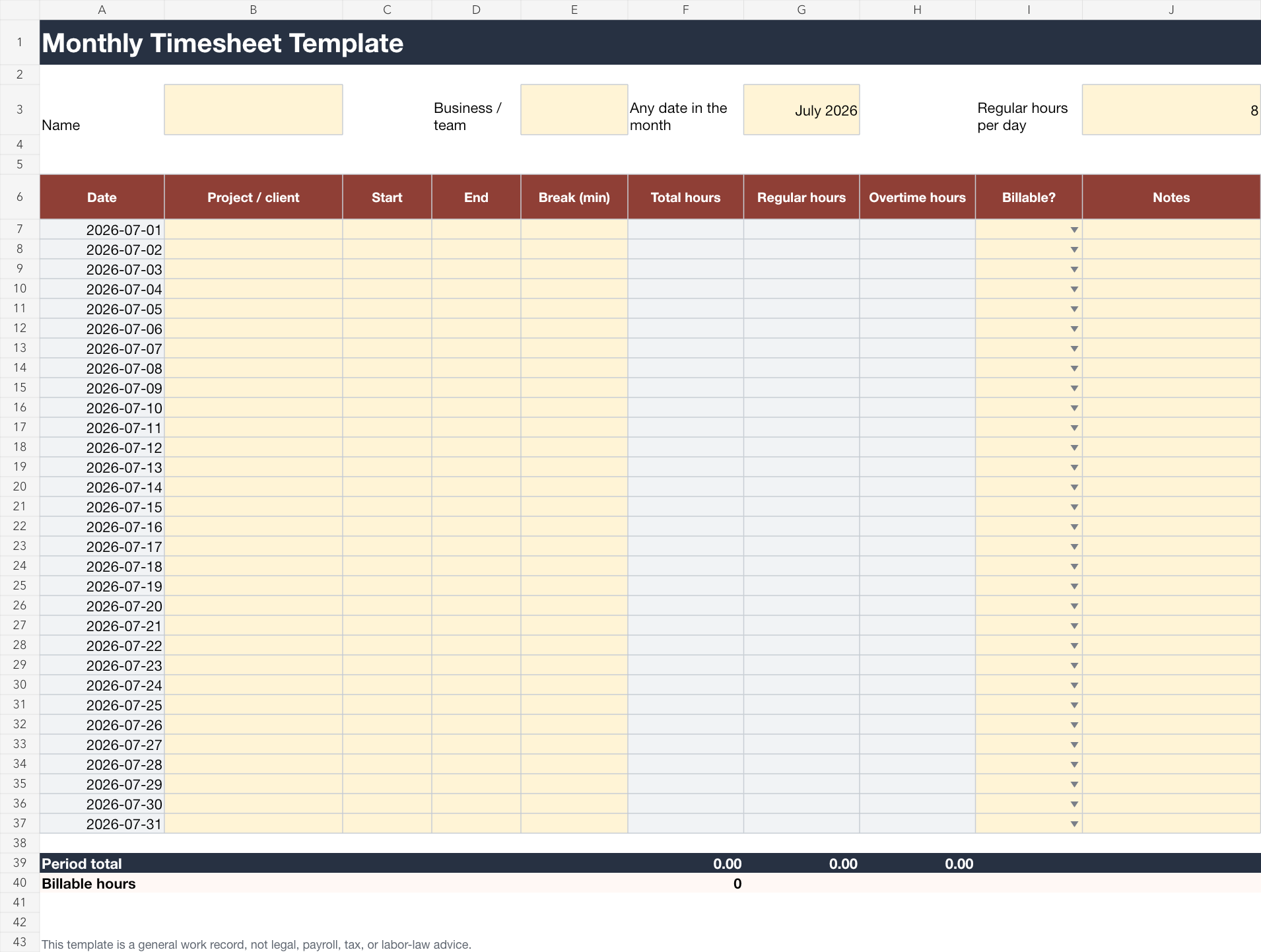 Monthly timesheet template preview