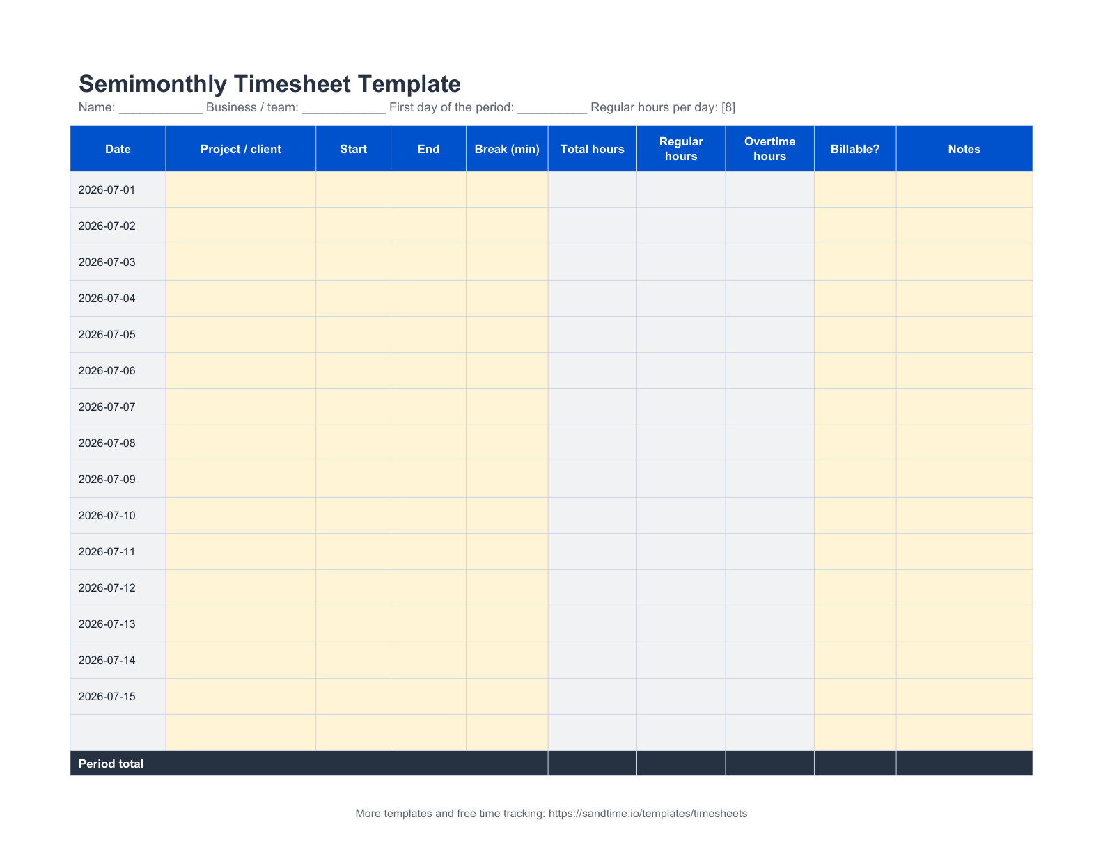 Semimonthly timesheet template preview
