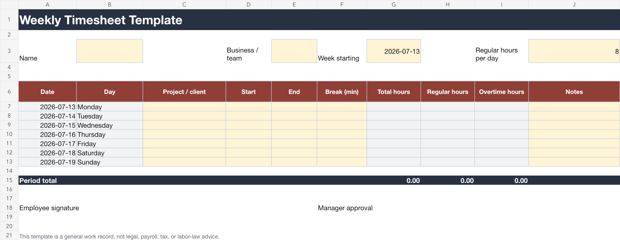 Preview of the weekly timesheet template