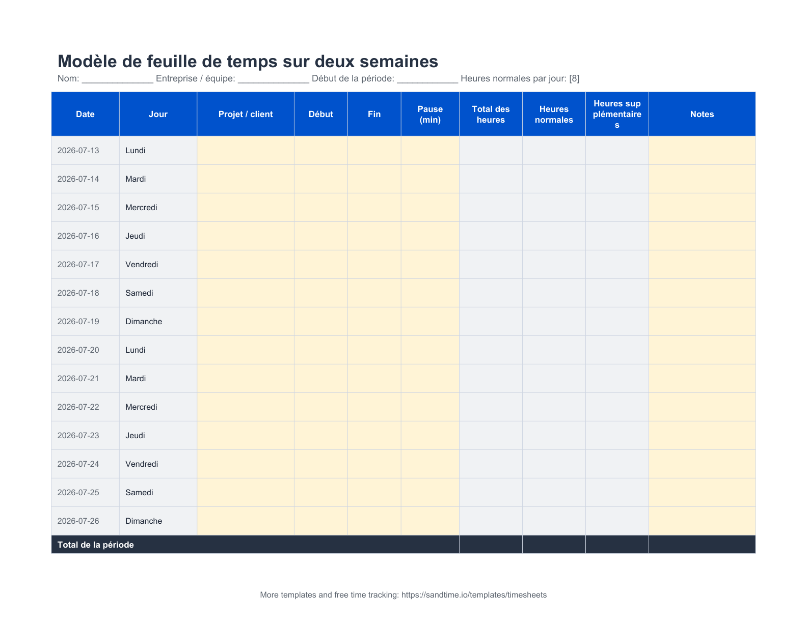 Modèle de feuille de temps sur deux semaines - aperçu