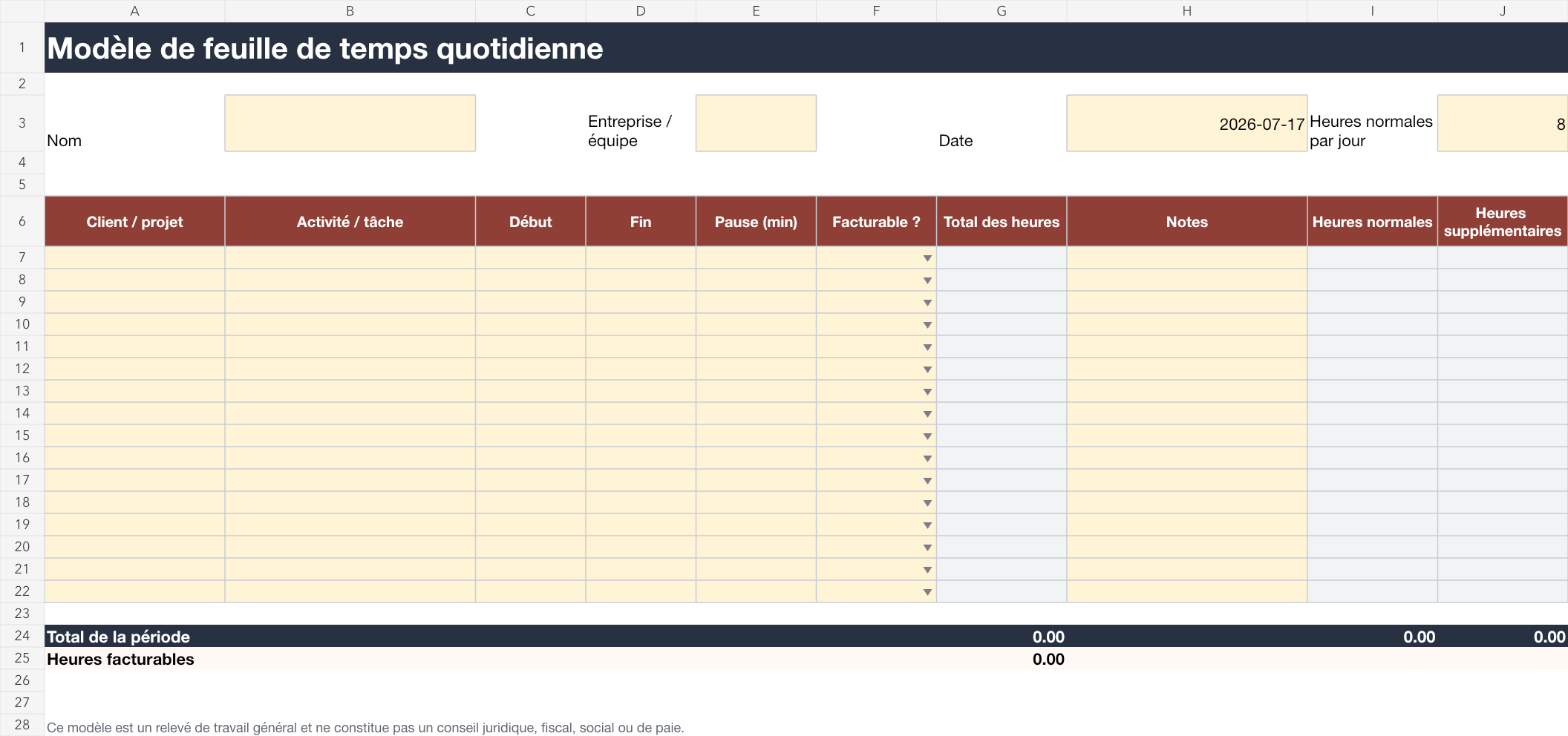 Modèle de feuille de temps quotidienne - aperçu