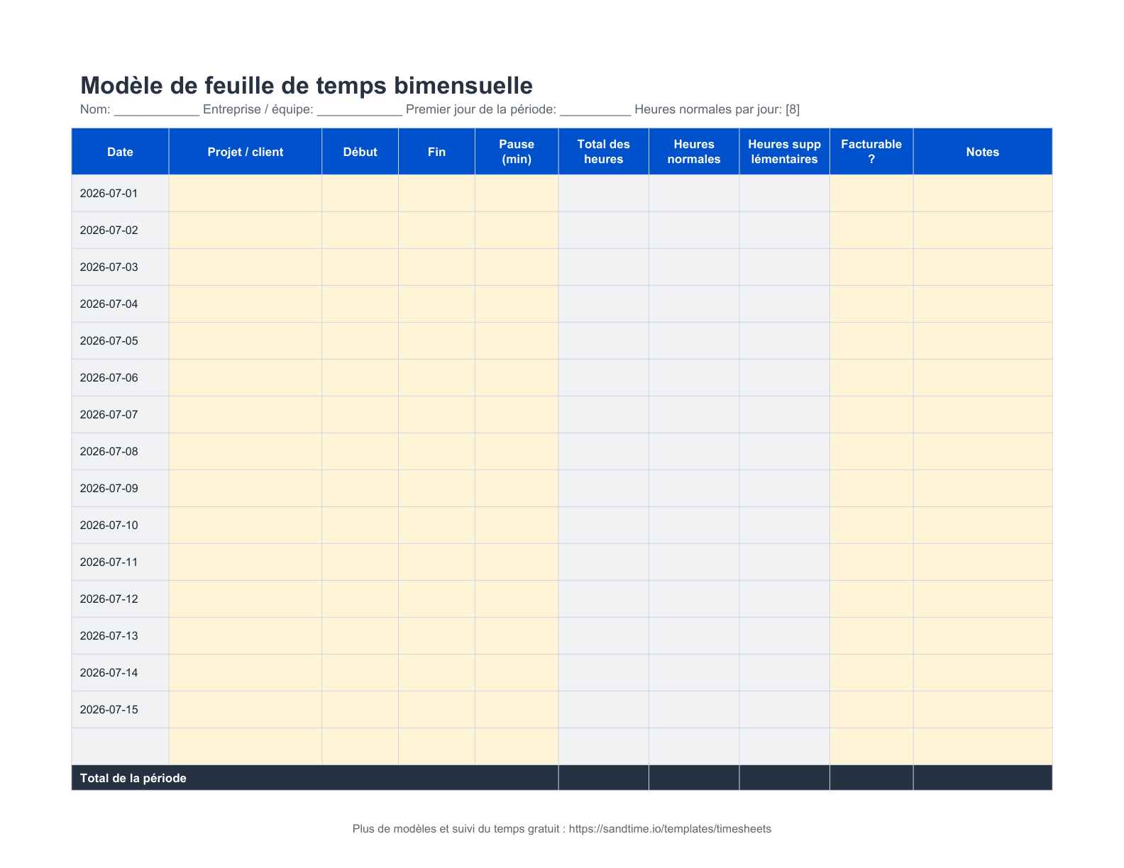 Modèle de feuille de temps bimensuelle - aperçu