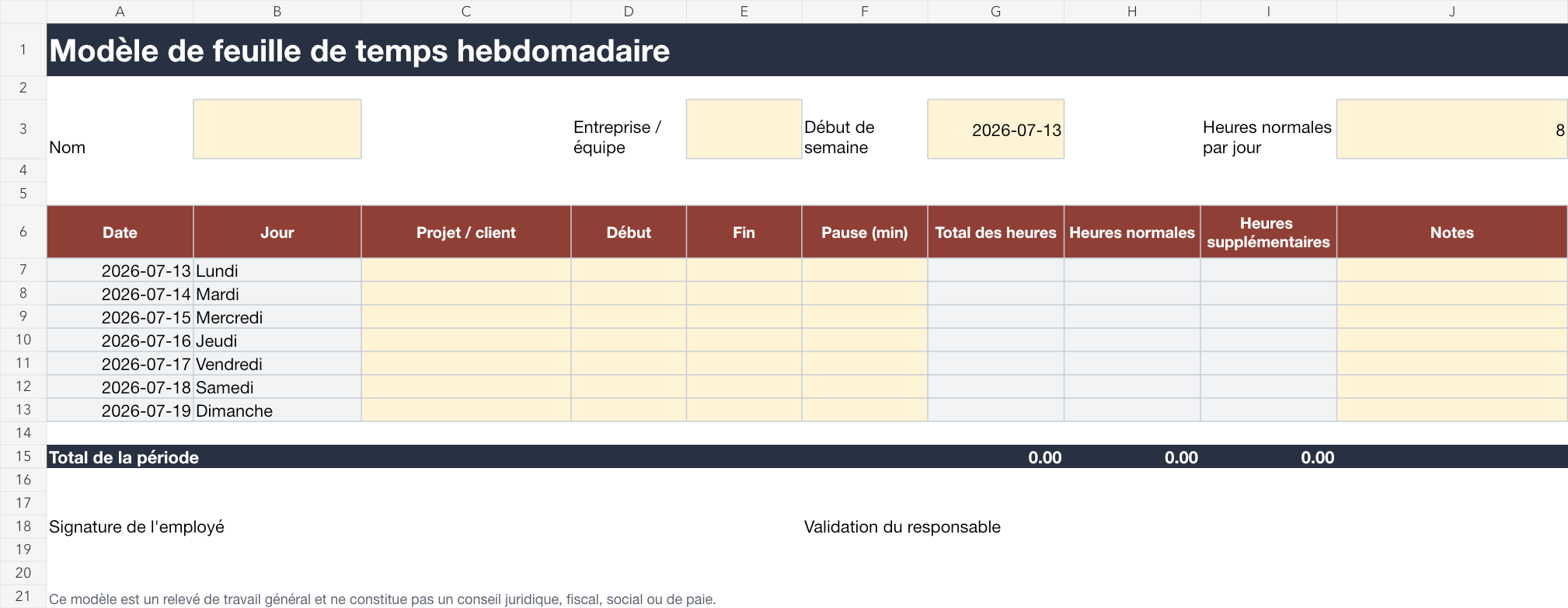 Aperçu du modèle de feuille de temps hebdomadaire