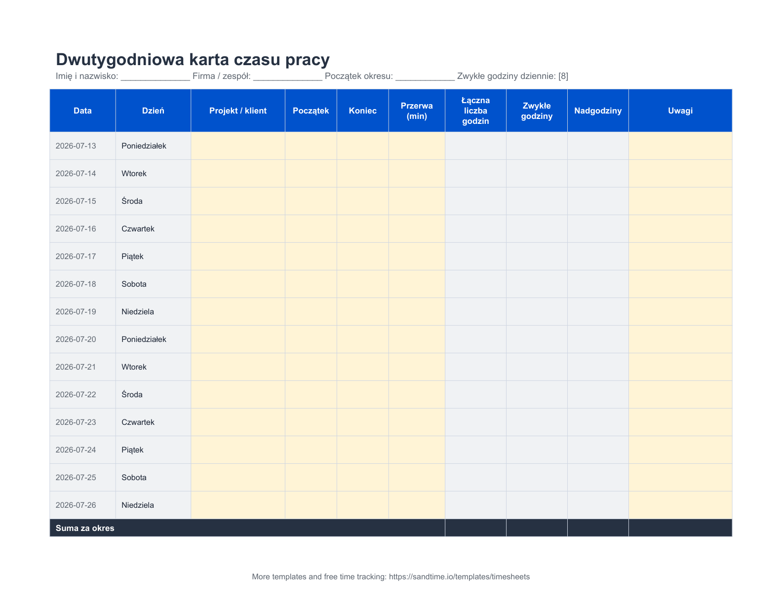 Dwutygodniowy szablon karty czasu pracy - podgląd