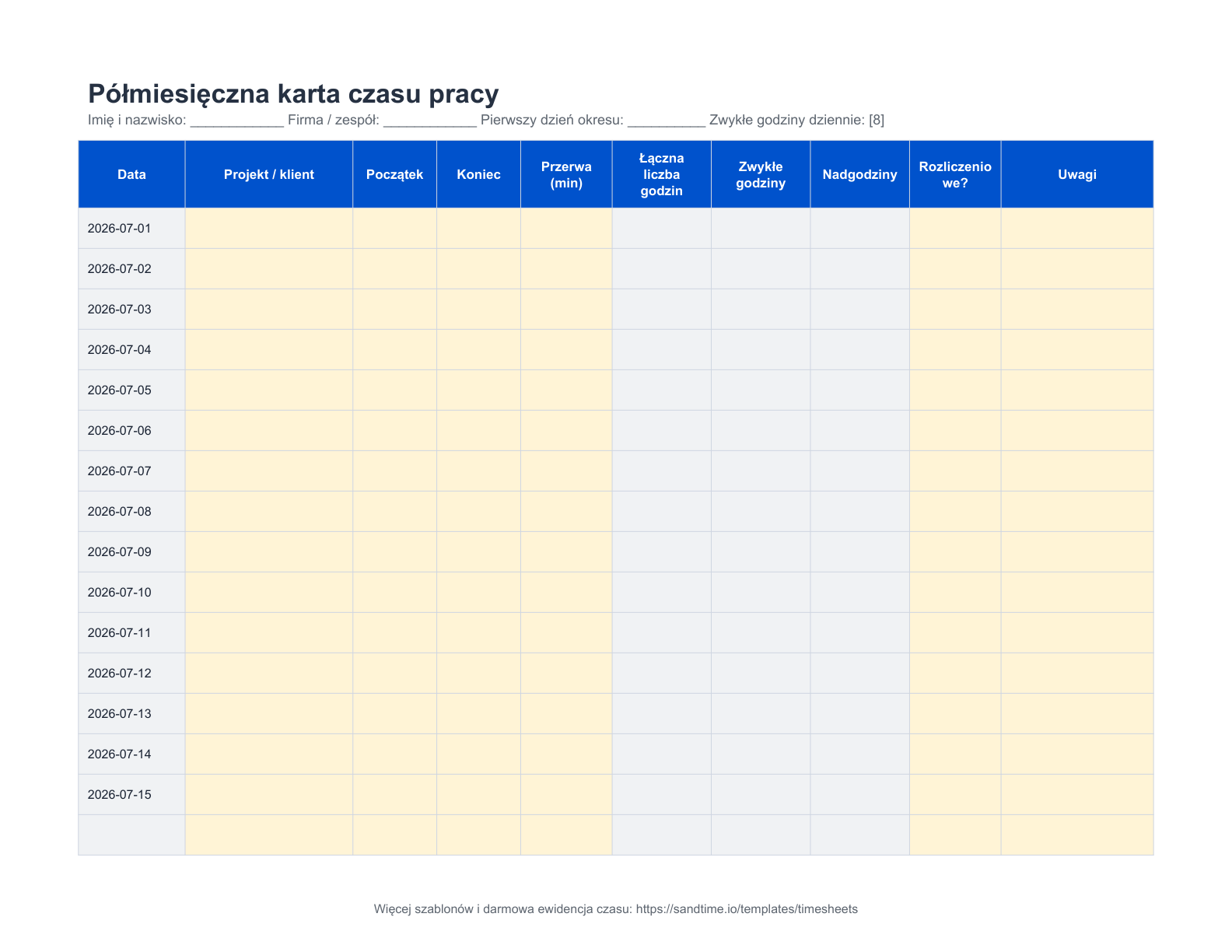 Półmiesięczny szablon karty czasu pracy - podgląd