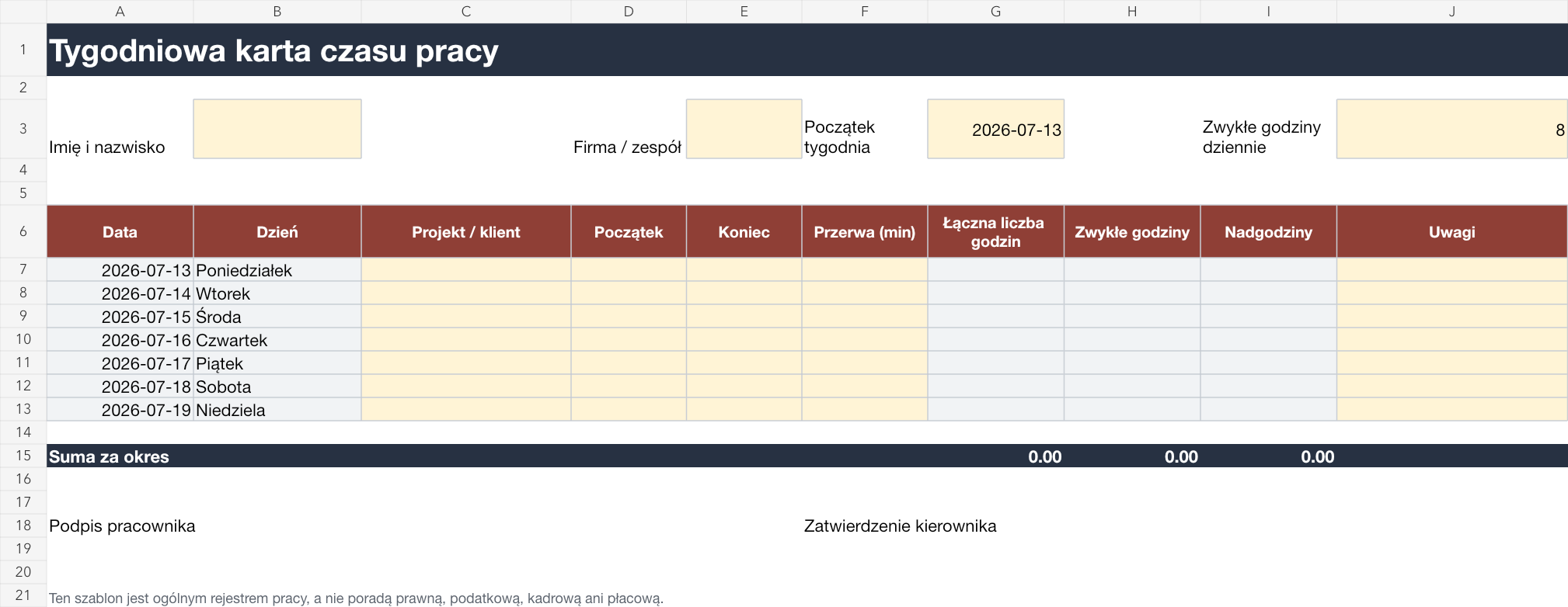 Podgląd tygodniowego szablonu karty czasu pracy