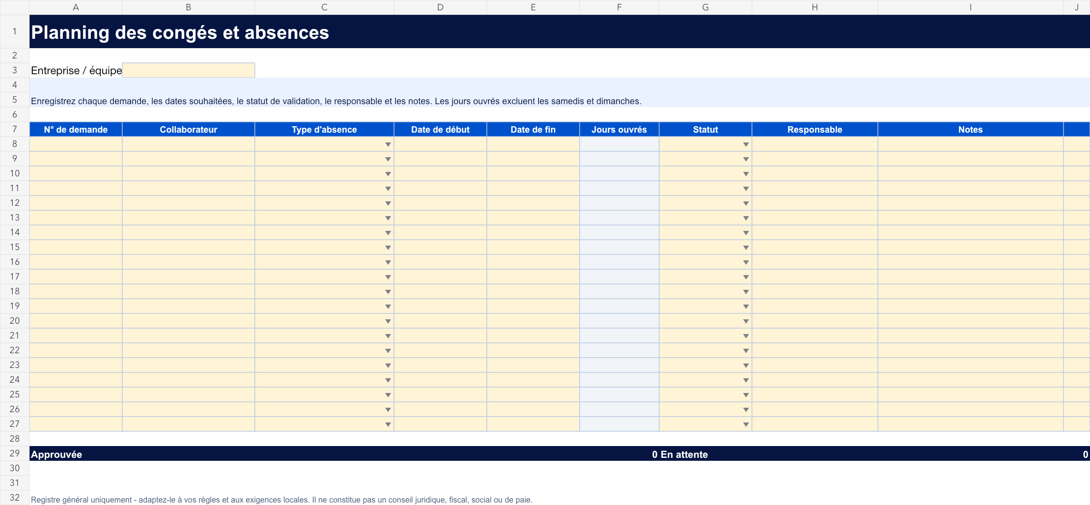 Planning gratuit des congés et absences - aperçu