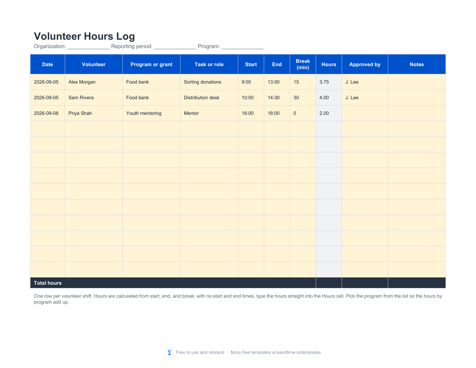 Free volunteer hours log template preview