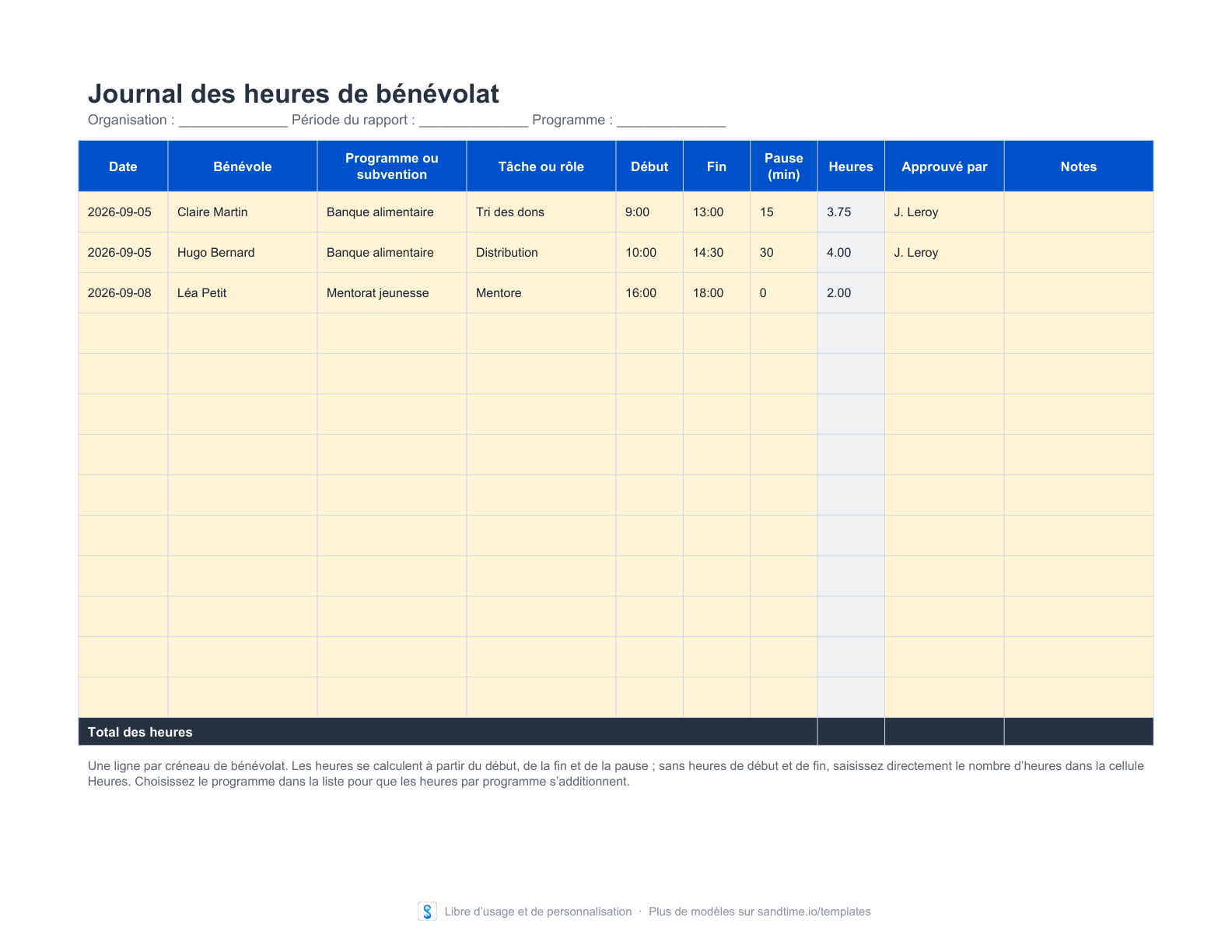 Modèle gratuit de journal des heures de bénévolat - aperçu