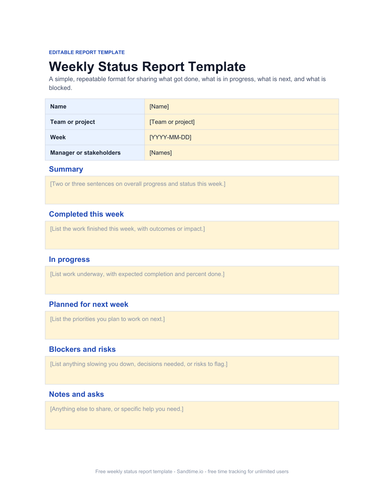Free weekly status report template preview