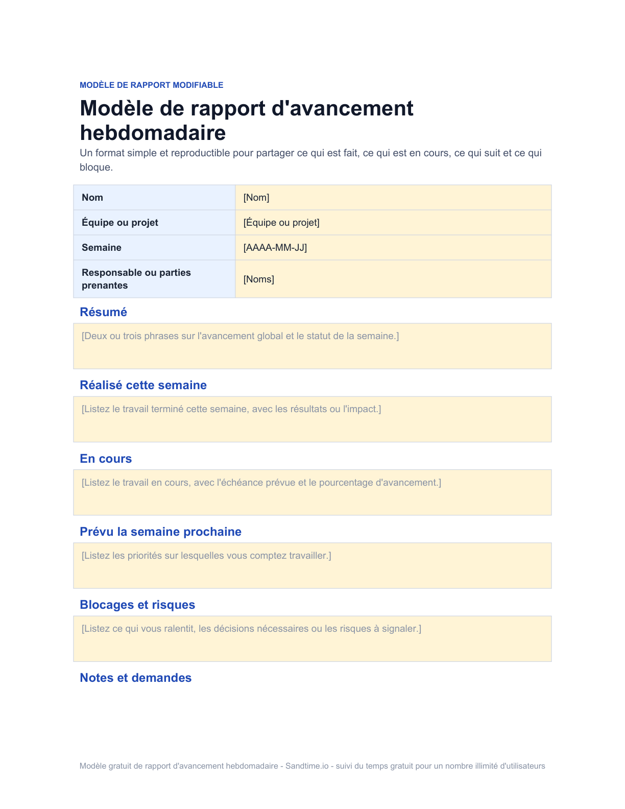 Modèle gratuit de rapport d'avancement hebdomadaire - aperçu