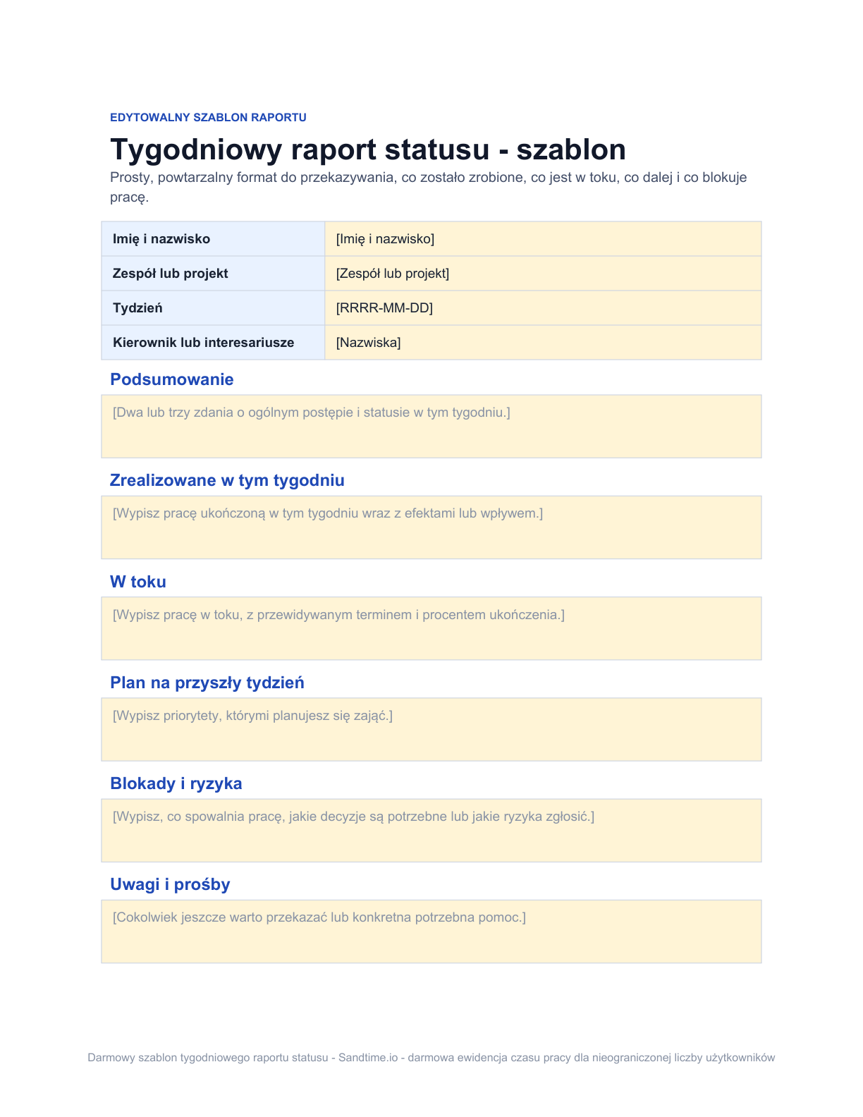 Darmowy szablon tygodniowego raportu statusu - podgląd