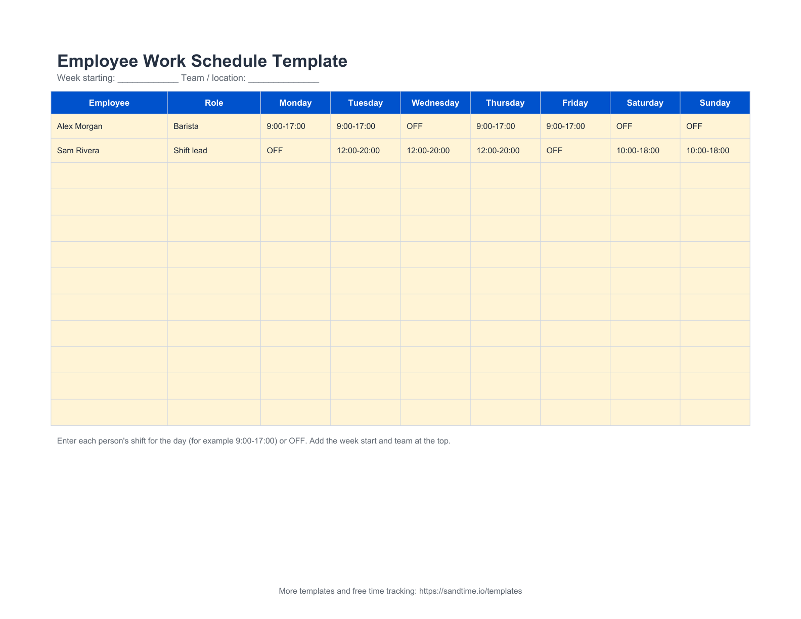 Free employee work schedule template preview