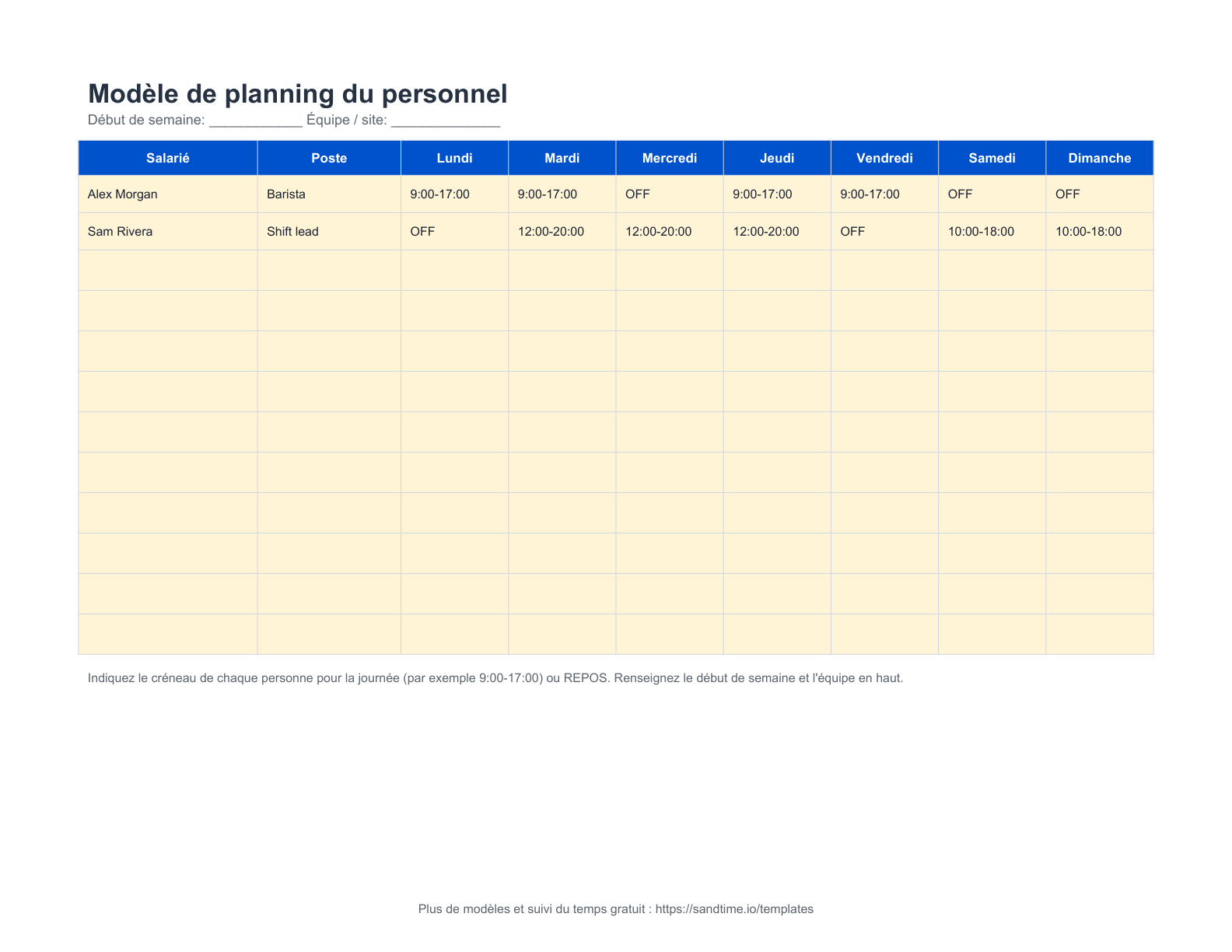 Modèle gratuit de planning du personnel - aperçu