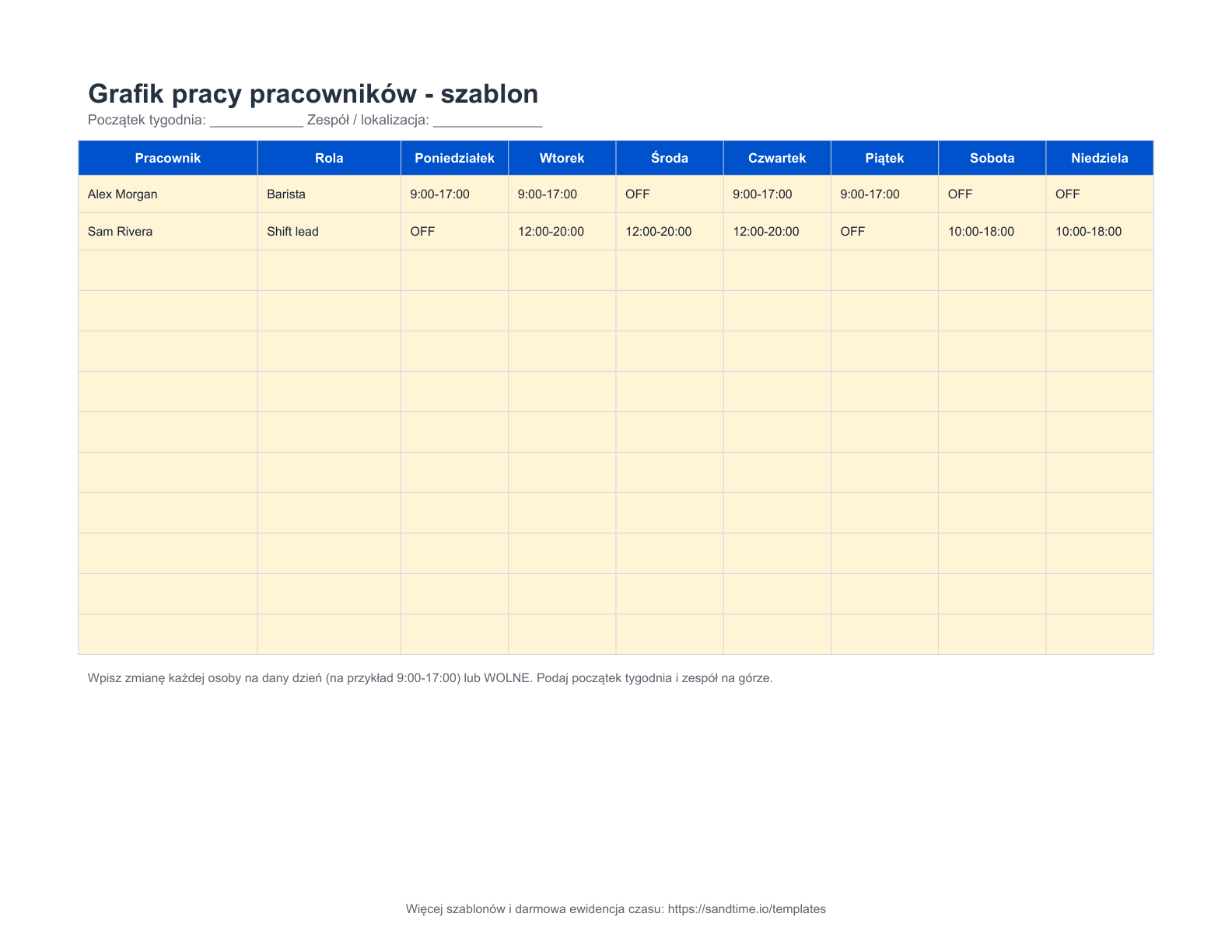 Darmowy szablon grafiku pracy pracowników - podgląd
